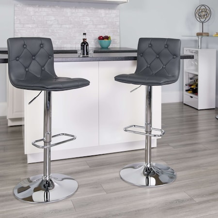 Button Tufted Gray Vinyl Adjustable Height Barstool, Chrome Base, PK2 MPN:2-CH-112080-GY-GG