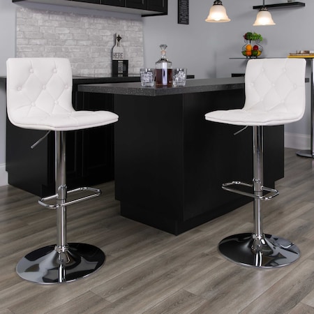 Button Tufted White Vinyl Adjustable Height Barstool, Chrome Base, PK2 MPN:2-CH-112080-WH-GG