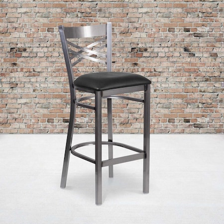 Clear Coated ''X'' Back Metal Restaurant Barstool, Black Vinyl Seat, PK2 MPN:2-XU-6F8B-CLR-BAR-BLKV-GG