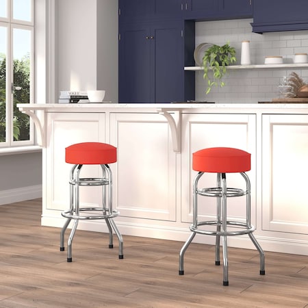 Double Ring Chrome Barstool with Red Seat, PK2 MPN:2-XU-D-100-RED-GG