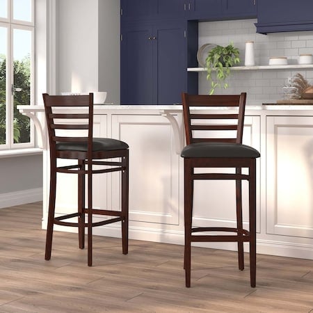 Ladder Back Mahogany Wood Restaurant Barstool, Black Vinyl Seat, PK2 MPN:2-XU-DGW0005BARLAD-MAH-BLKV-GG