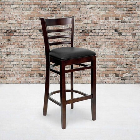 Ladder Back Walnut Wood Restaurant Barstool, Black Vinyl Seat, PK2 MPN:2-XU-DGW0005BARLAD-WAL-BLKV-GG