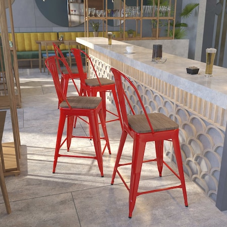 High Red Metal Counter Height Stool with Back and Wood Seat, 24