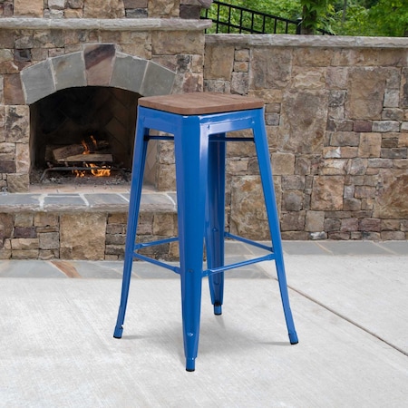 Backless Blue Metal Barstool with Square Wood Seat, 30