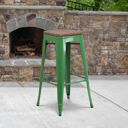 Backless Green Metal Barstool with Square Wood Seat, 30