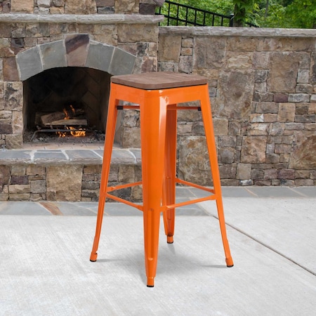 Backless Orange Metal Barstool with Square Wood Seat, 30