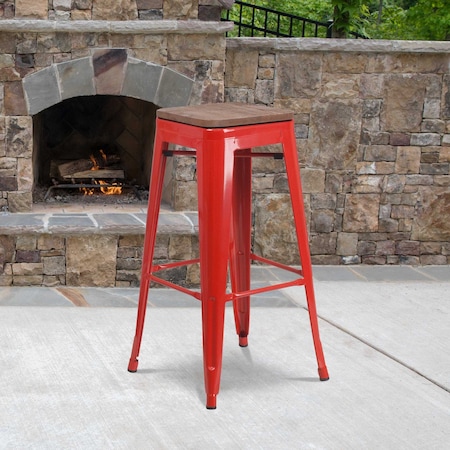 Backless Red Metal Barstool with Square Wood Seat, 30