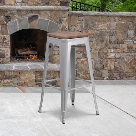 Backless Silver Metal Barstool with Square Wood Seat, 30
