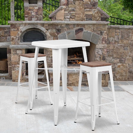 Backless White Metal Barstool with Square Wood Seat, 30