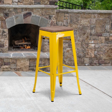 Backless Yellow Metal Barstool with Square Wood Seat, 30
