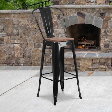 Black Metal Barstool with Back and Wood Seat, 30