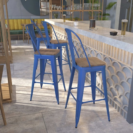 Blue Metal Barstool with Back and Wood Seat, 30