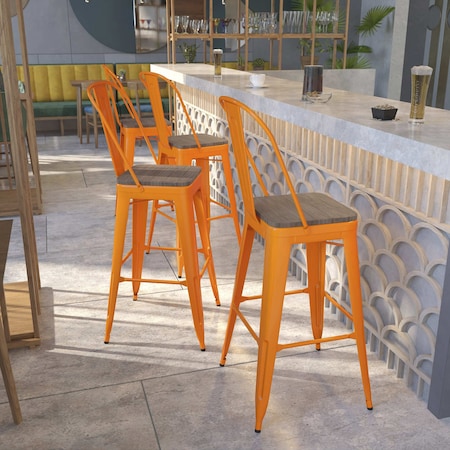 Orange Metal Barstool with Back and Wood Seat, 30