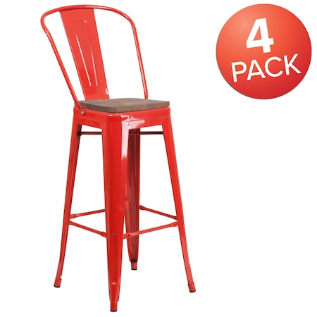 Red Metal Barstool with Back and Wood Seat, 30