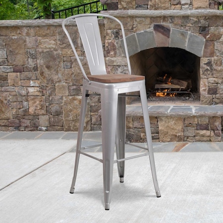 Silver Metal Barstool with Back and Wood Seat, 30