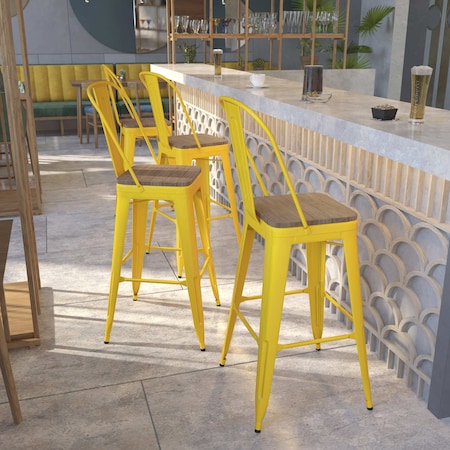 Yellow Metal Barstool with Back and Wood Seat, 30