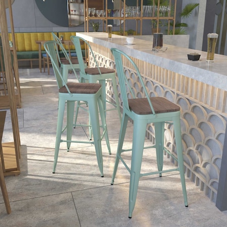 Mint Green Metal Barstool with Back and Wood Seat, 30