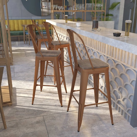 Copper Metal Barstool with Back and Wood Seat, 30