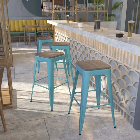 Teal No Back Metal Stool, 30