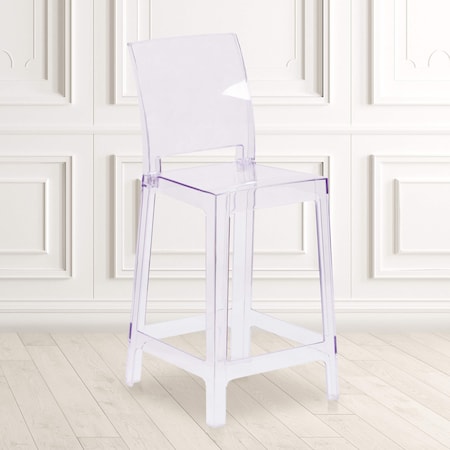 Ghost Counter Stool with Square Back in Transparent Crystal, PK4 MPN:4-OW-SQUAREBACK-24-GG