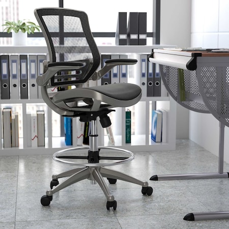 Black/Graphite Mid-Back Drafting Chair - Flip-Up Arms MPN:BL-LB-8801X-D-BK-GR-GG