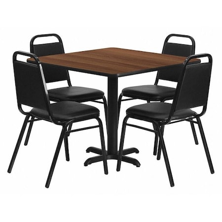 Square Walnut Table, Bnqut Chair, Sqr, X-Base, 36