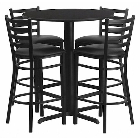 Round Black Bar Table, X-Base w/Black Seats, Laminate Top, Wood Grain MPN:HDBF1021-GG