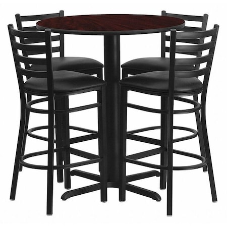 Round Mahgany Bar Table, X-Base w/Blk Seats, 30