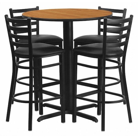 Round Natural Bar Table, X-Base w/Black Seats, 30