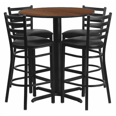 Round Walnut Bar Table, X-Base w/Blk Seats, 30