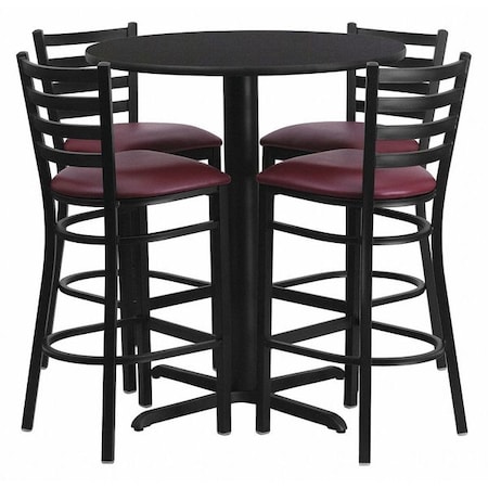 Round Black Bar Table, X-Base w/Burgundy Seats, Laminate Top, Wood Grain MPN:HDBF1025-GG