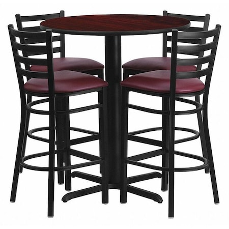 Round Mahgny Bar Table, X-Base w/Burg Seats, 30