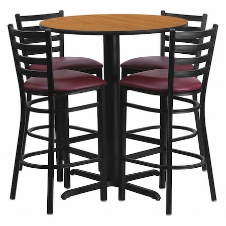 Round Natural Bar Table, X-Base w/Burgndy Seats, Laminate Top, Wood Grain MPN:HDBF1027-GG