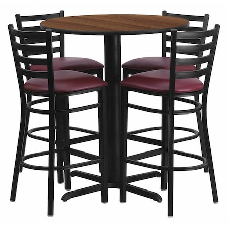 Round Walnut Bar Table, X-Base w/Burg Seats, 30