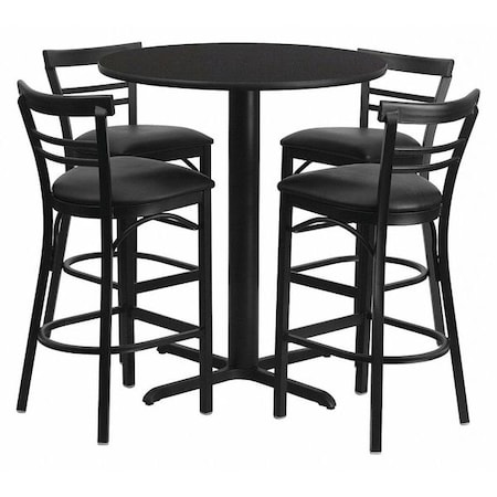 Round Blk Bar Table, X-Base, Blk Vinyl Seats, 24