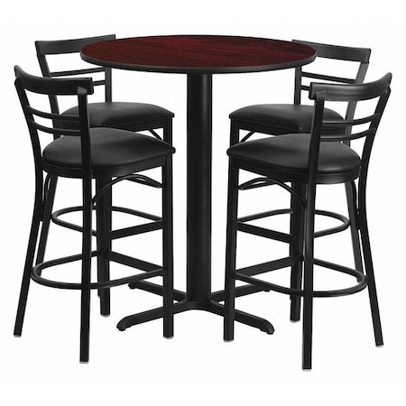 Round Mahogany Bar Table, X-Base, Blk Seats, 24
