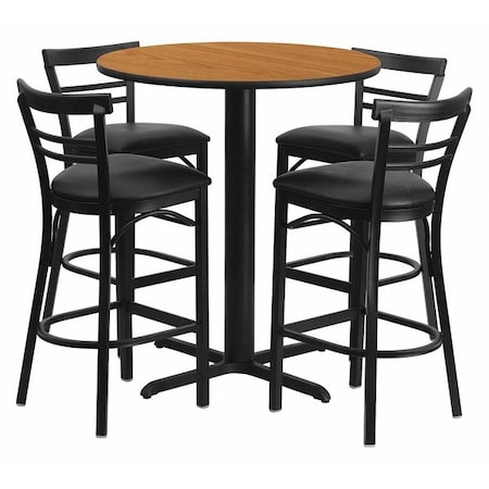 Round Natural Bar Table, X-Base, Blk Seats, 24