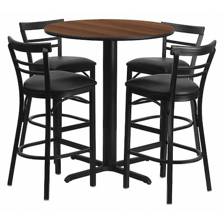 Round Walnut Bar Table, X-Base w/Blk Seats, 24