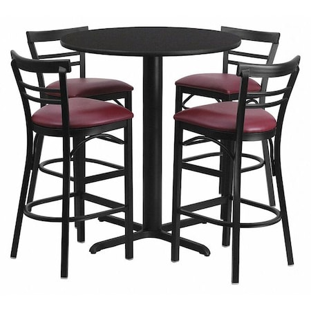 Round Blk Bar Table, Rnd Base, Burgundy Seat, 24