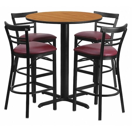 Round Natural Bar Table, X-Base, Burg Seats, 24