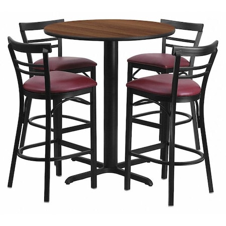 Round Walnut Bar Table, X-Base w/Burg Seats, 24