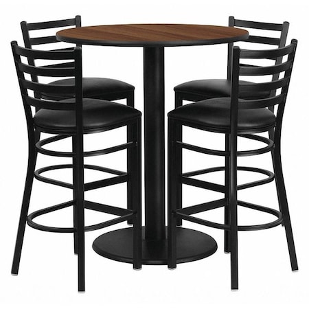 Round Walnut Bar Table, Round w/Black Seats, 36