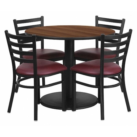 Round Walnut Tble Set, Brgndy Seat, Rnd Base, 36