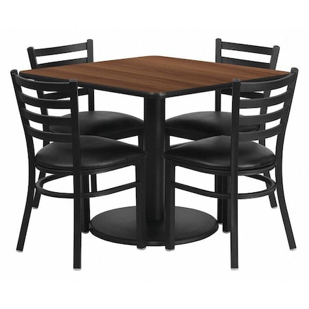 Square Walnut Table, Blk Seat, Sqr, Rnd Base, 36