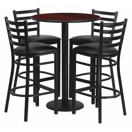 Round Mahogany Bar Table, X-Base w/Black Seats, Laminate Top, Wood Grain MPN:RSRB1022-GG