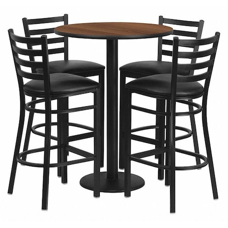 Round Walnut Bar Table, X-Base w/Black Seats, Laminate Top, Wood Grain MPN:RSRB1024-GG