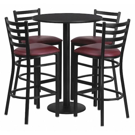 Round Blk Bar Table, Rnd Base w/Burg Seats, 30