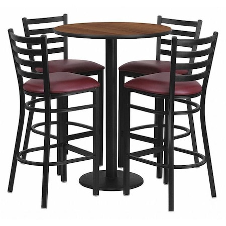 Round Walnut Bar Table, X-Base w/Burgndy Seats, Laminate Top, Wood Grain MPN:RSRB1028-GG