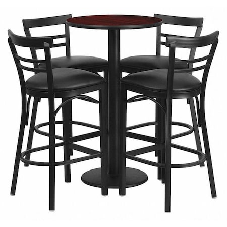 Round Mahgany Bar Table, Rnd Base, Blk Seats, 24