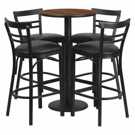 Round Walnut Bar Tble, Rnd Base w/Blk Seats, 24